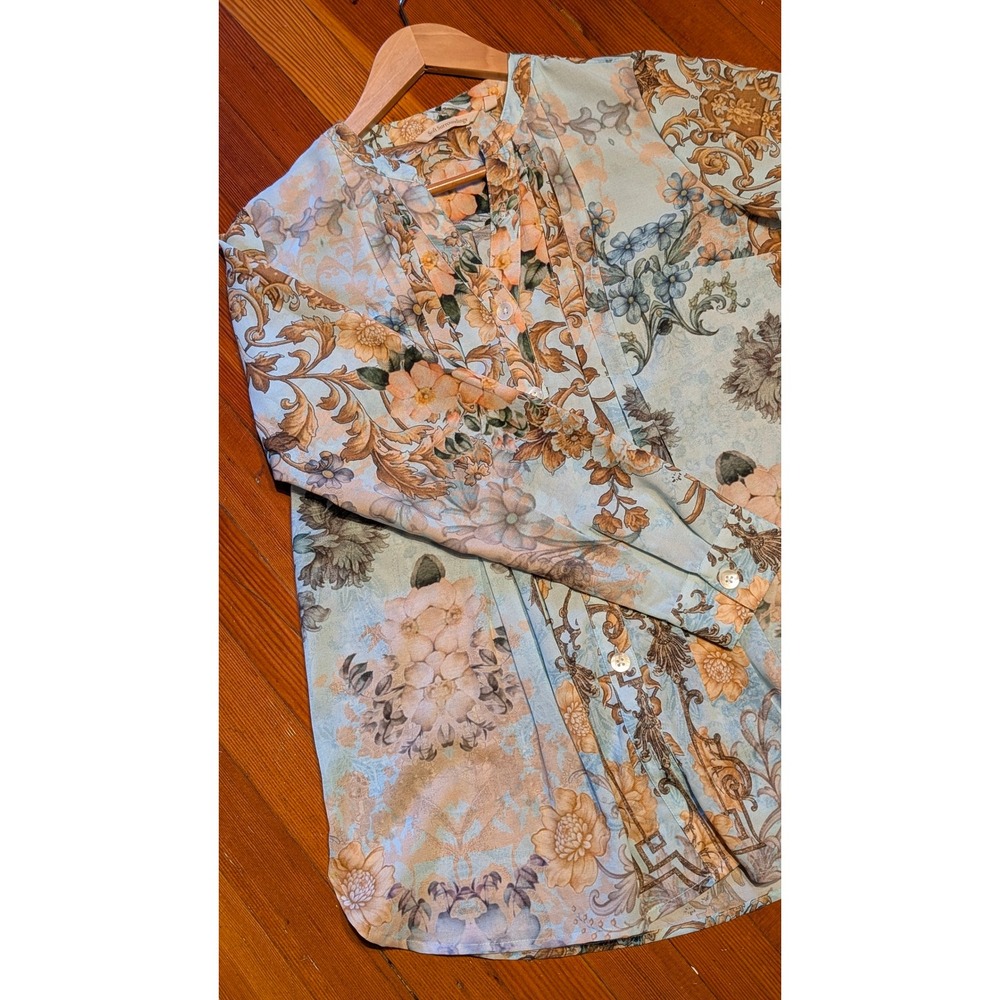 Soft Surroundings Blue Gold Baroque Floral Pintuck Blouse size Small boho - Picture 5 of 11